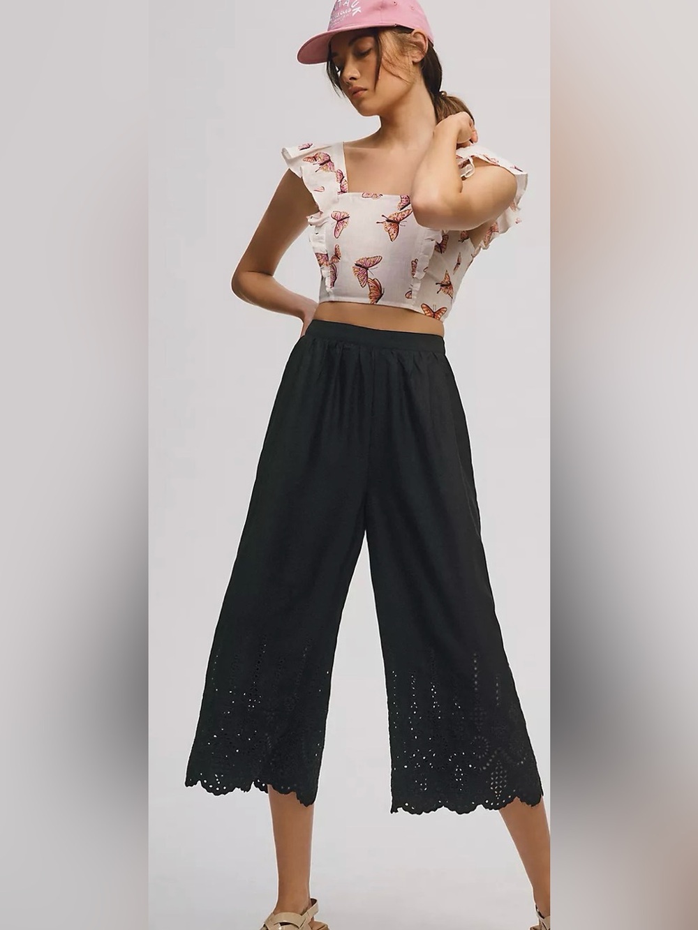 Anthropologie Wide Leg Eyelet Crop Pants in Black